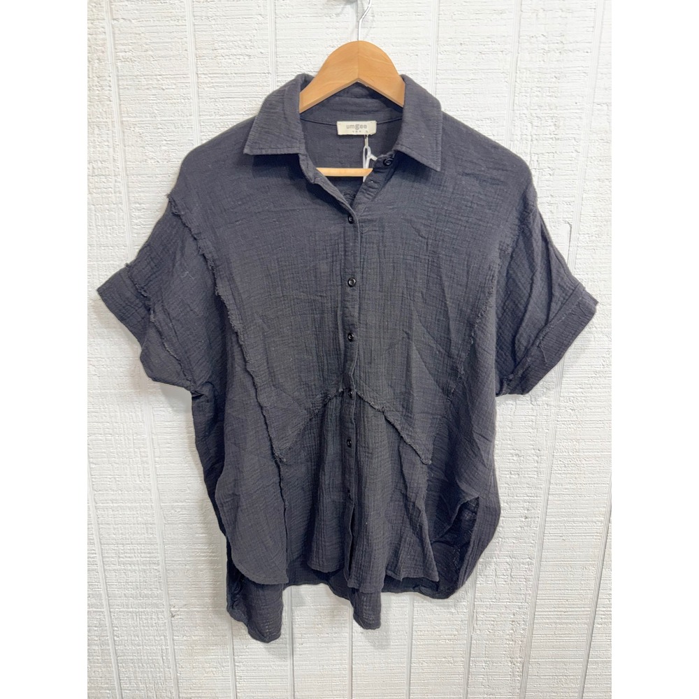 Umgee Button Down Top Womens Black Raw Edge Frayed Gauze Oversized S